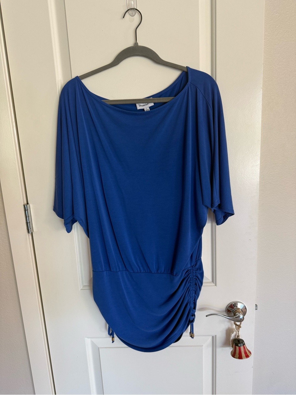 Veronica M Blue Ruched Side Hem Boatneck Top